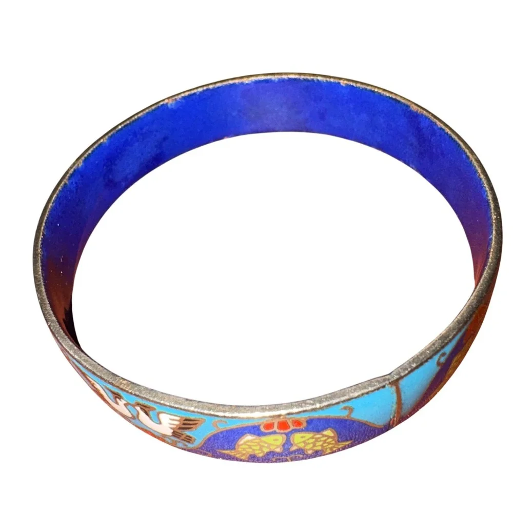 VTG Cloisonne Enamel Bangle Bracelet Blue Crane Fish Floral Motif Asian Art Deco
